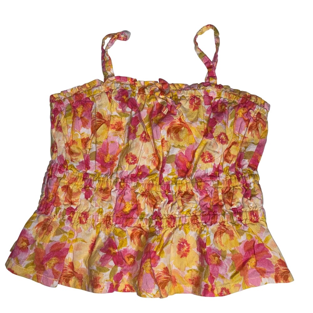 Old Navy Girls 4T Floral Smocked Cami Top Pink Yellow Ruffle Strap Peplum Tank
